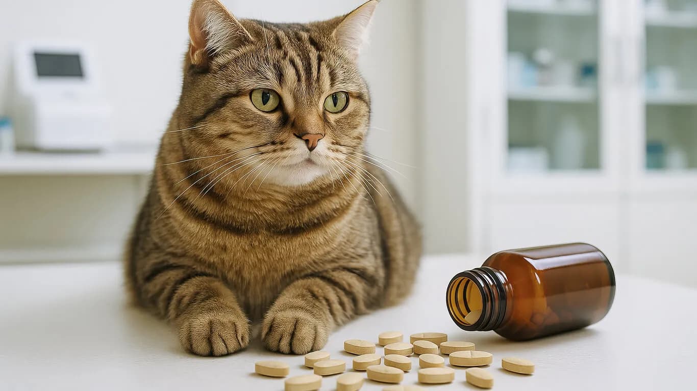 Vitamin tabletlerinin yanında oturan kedi