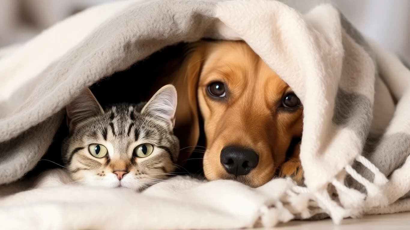 Battaniye altında birlikte uzanan kedi ve köpek