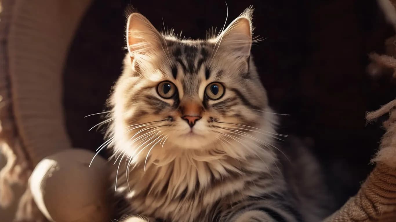 Örgü kedi yuvasının içinde uzanan uzun tüylü kedi