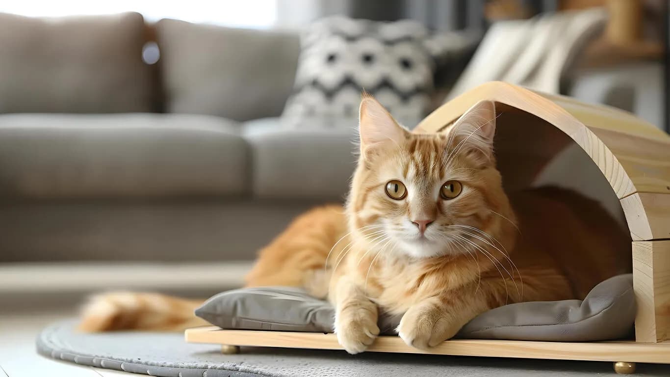 Ahşap kedi yatağında dinlenen kedi