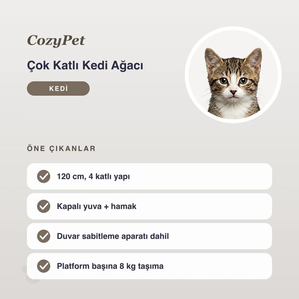 Çok Katlı Kedi Ağacı 120 cm – öne çıkan özellikler