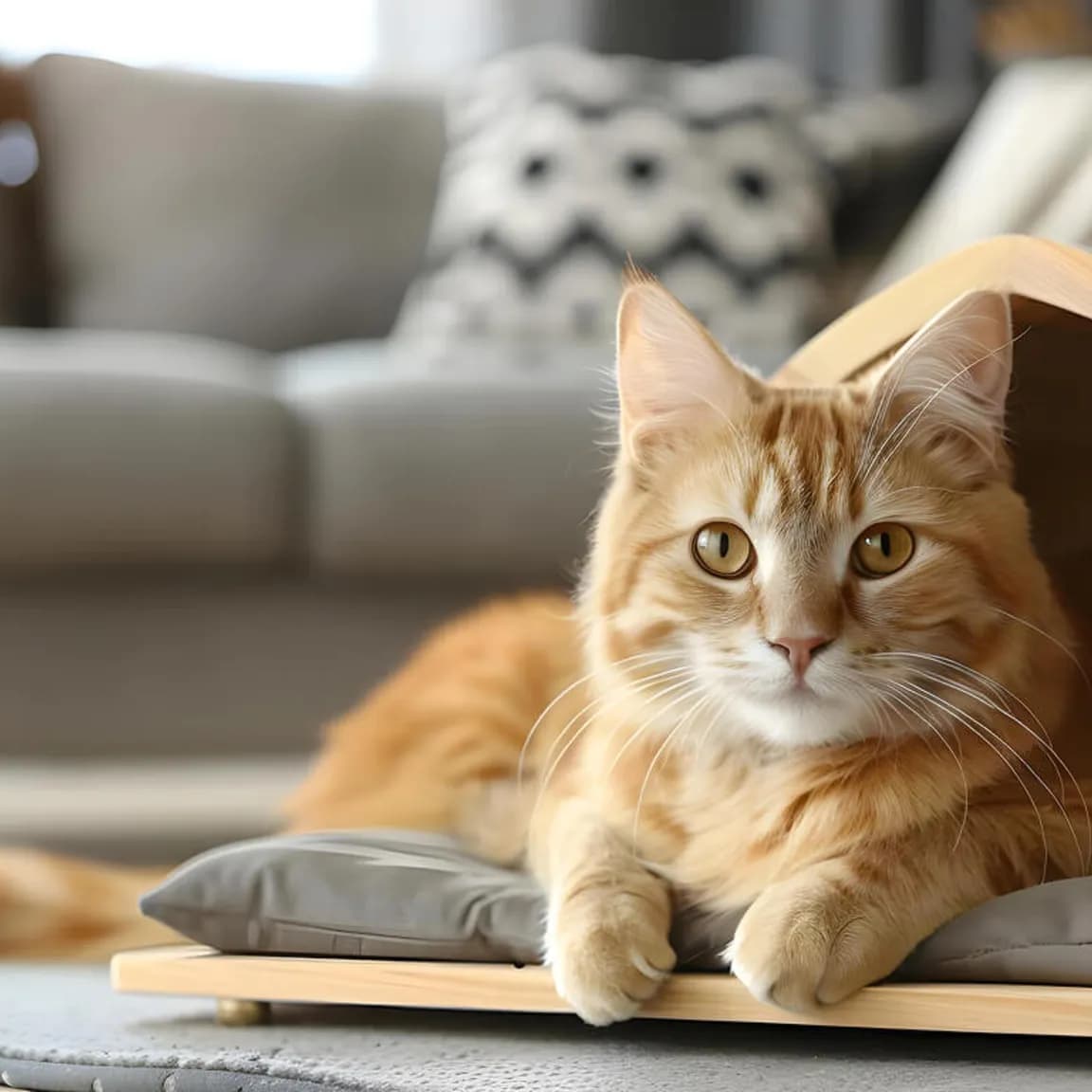 Üçgen Kedi Evi Peluş Minderli – kullanım görseli 2