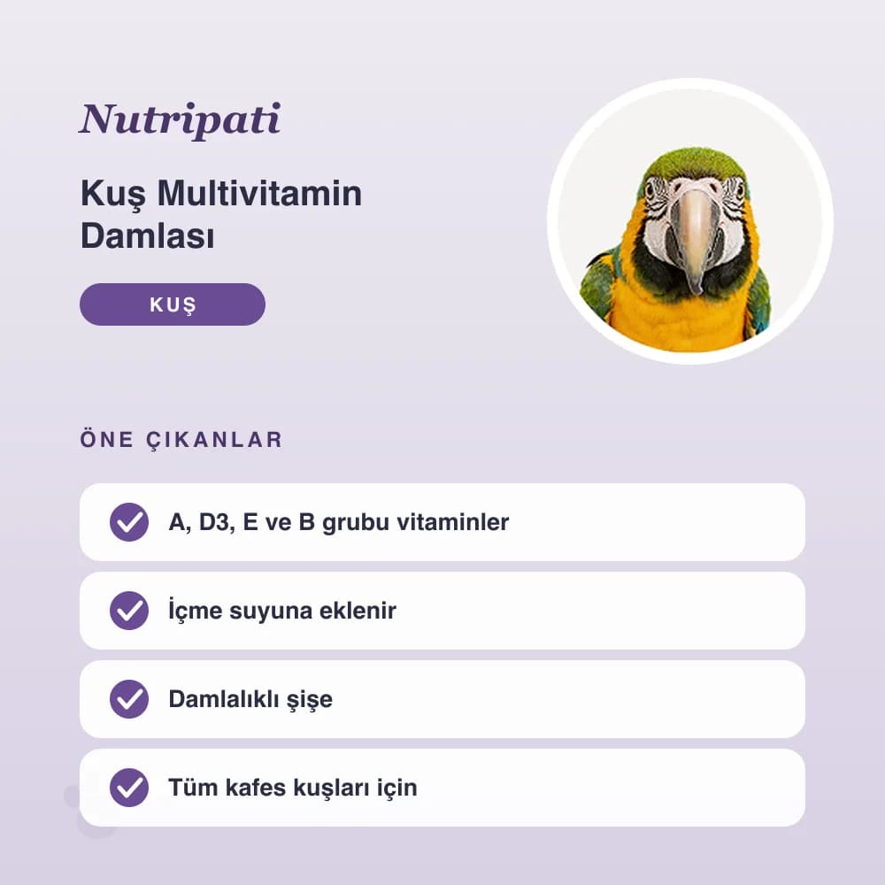 Kuş Multivitamin Damlası 20 ml – öne çıkan özellikler