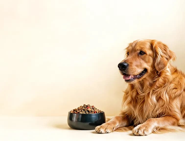Mama kabının yanında köpek