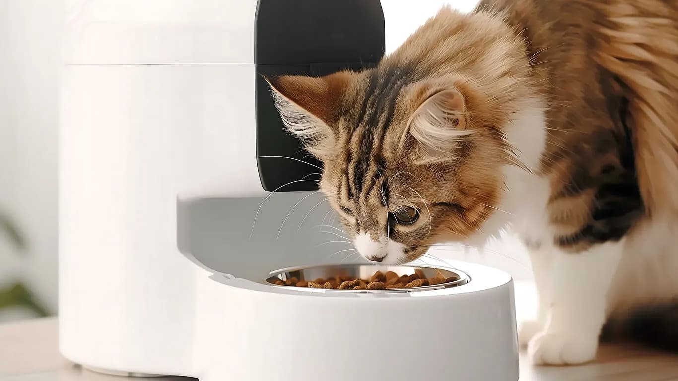 Otomatik mama kabından mama yiyen kedi