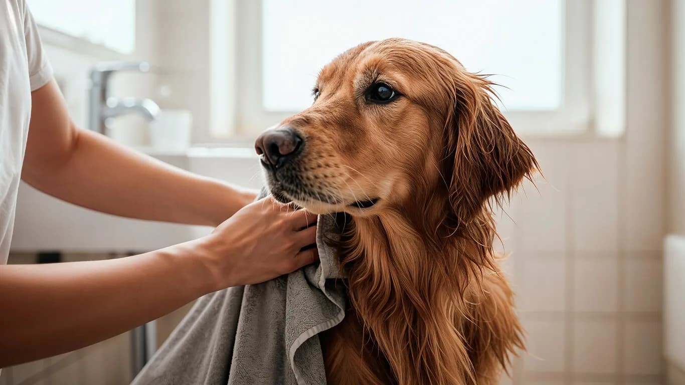 Banyodan sonra havluyla kurulanan golden retriever