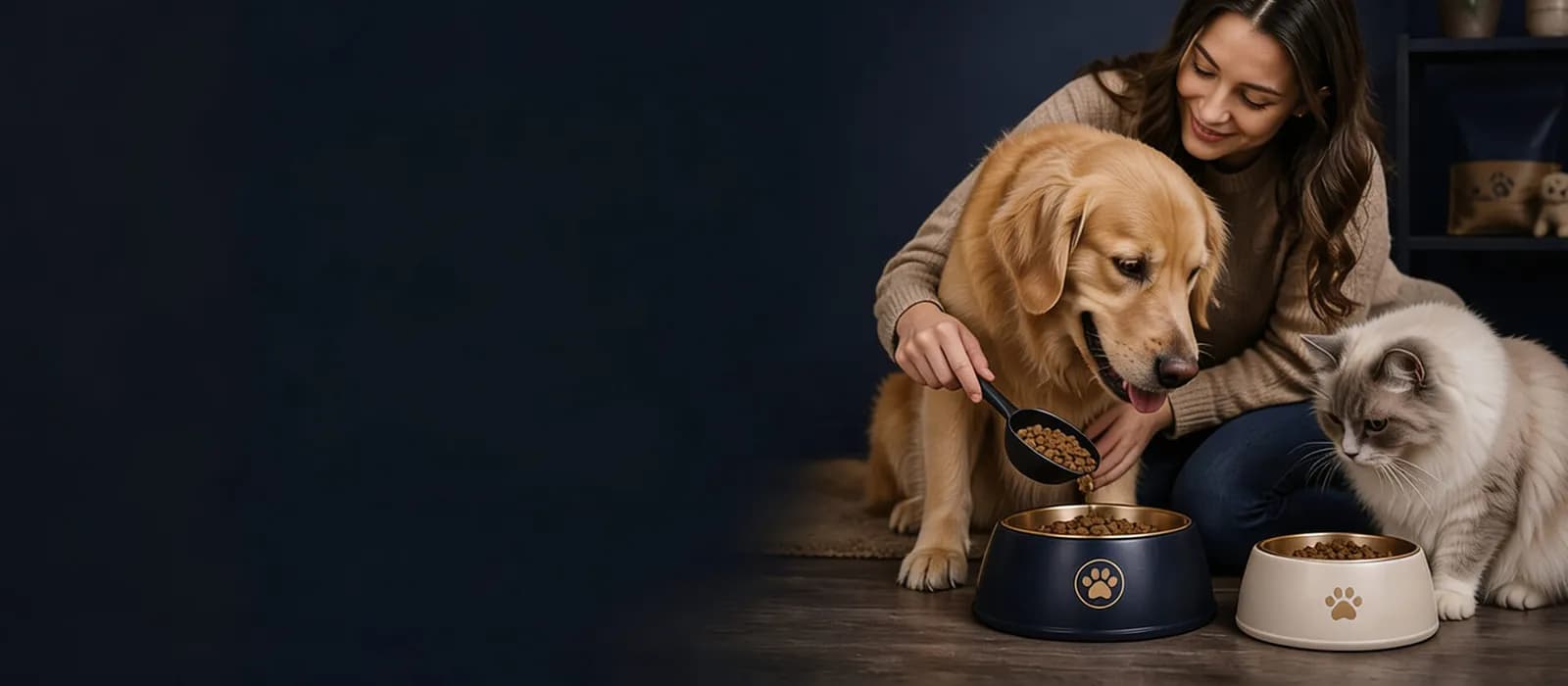 Köpeğine ve kedisine mama veren kadın