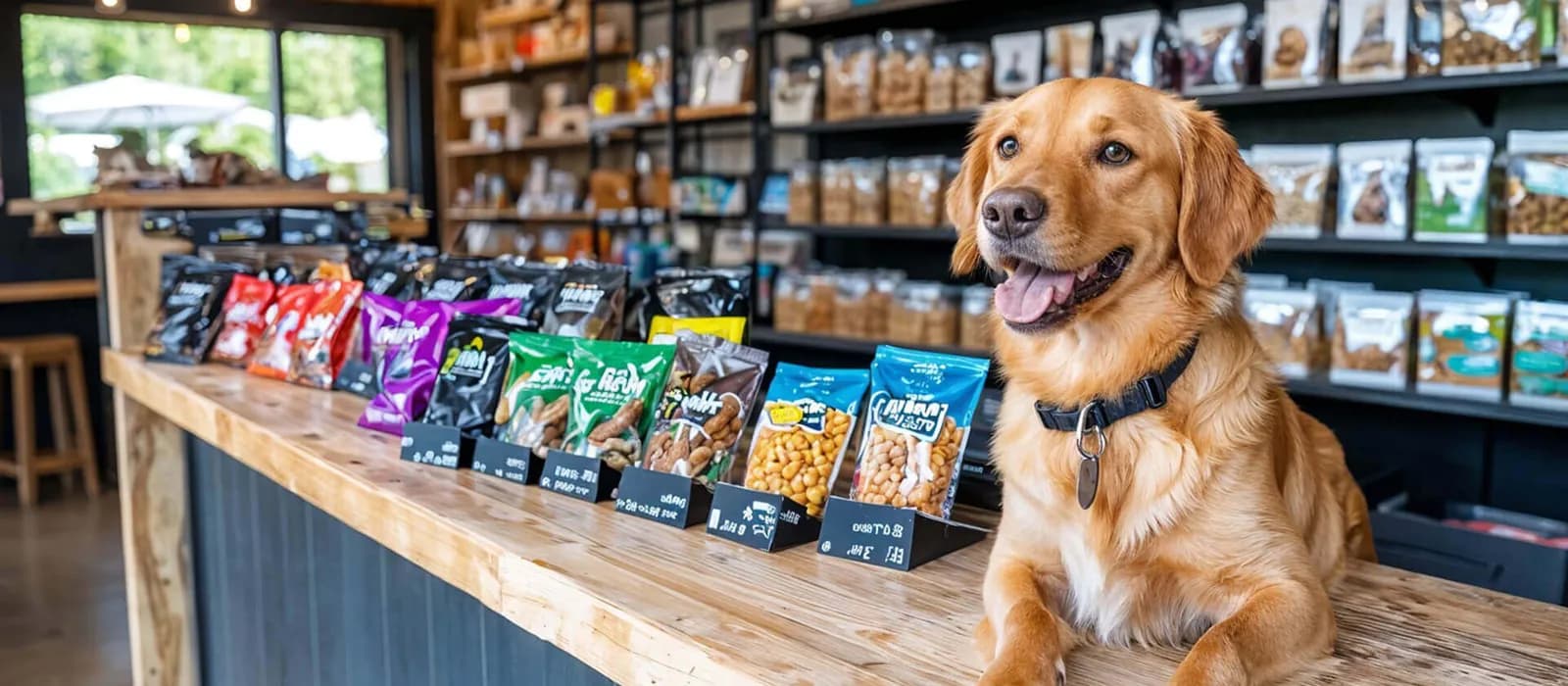 Pet shop tezgâhında oturan golden retriever