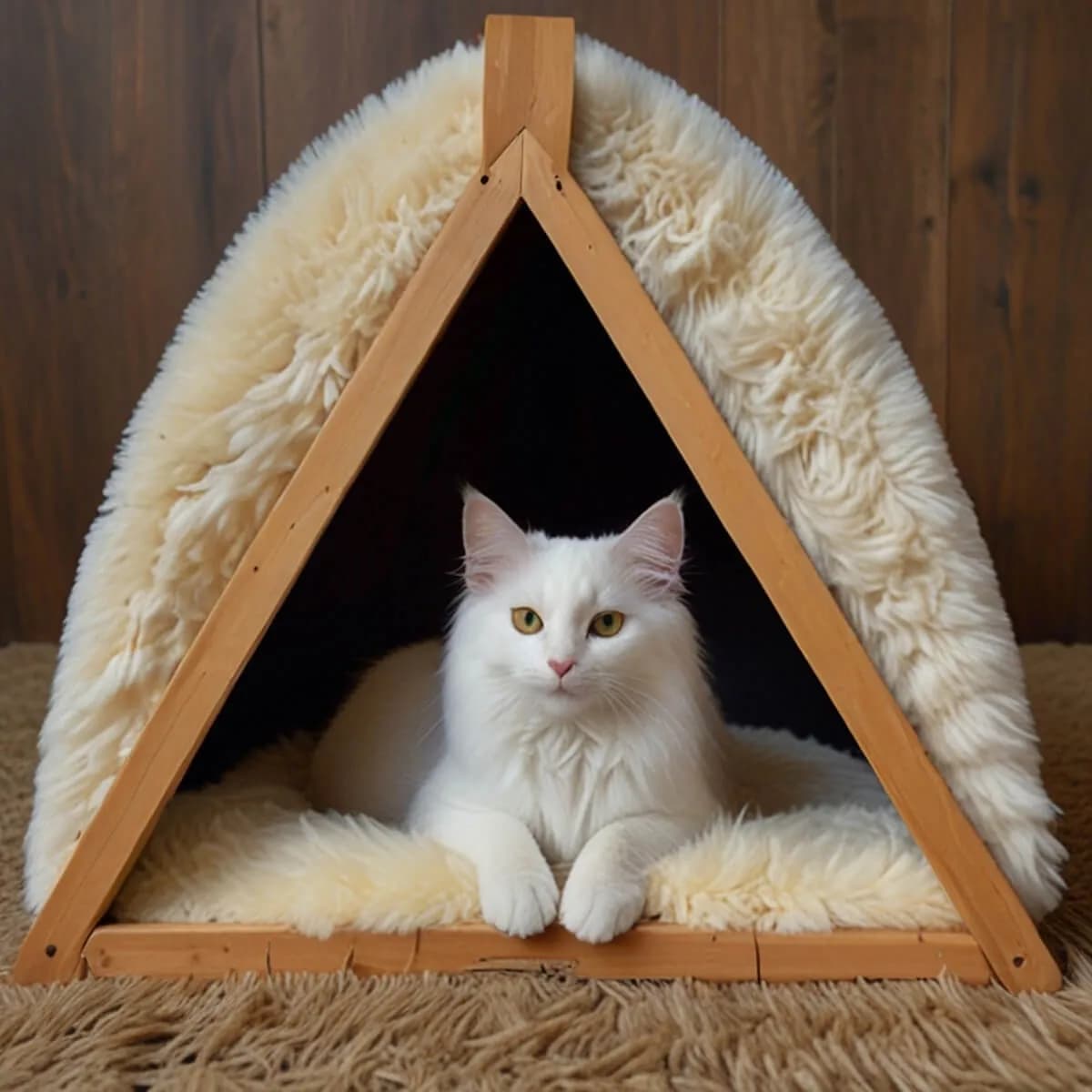Üçgen Kedi Evi Peluş Minderli